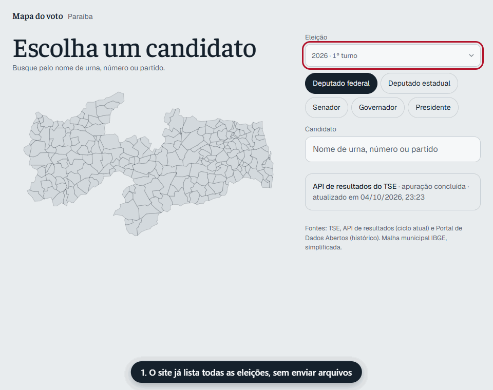 Mapa da Paraíba: escolhendo eleição, cargo e candidato, e vendo os votos por escola